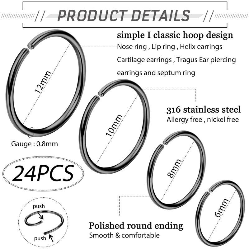 LOYALLOOK 18/24Pcs Hypoallergenic Nose Rings Hoops 316L Surgical Stainless Steel Lightweight Small Piercing Jewelry for Women Men Cartilage Tragus Helix Black - Image 2